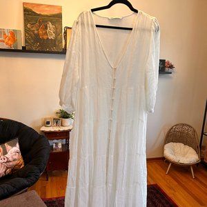 White Tiered Maxi Cotton Dress with Buttons